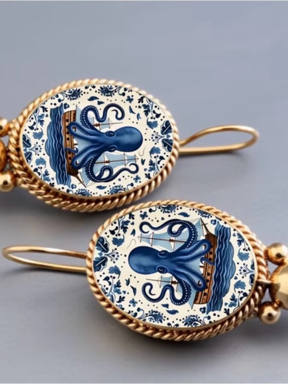 Blue Octopus Cameo Pearl Drop Earrings - Gold Tone